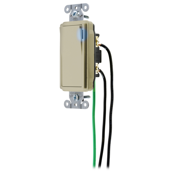 Hubbell Wiring Device-Kellems Decorator Switches, General Purpose AC, Illuminated Single Pole, 20A 120/277V AC, Back and Side Wired, Pre-Wired with 8" #12 THHN, Ivory DSL120IL